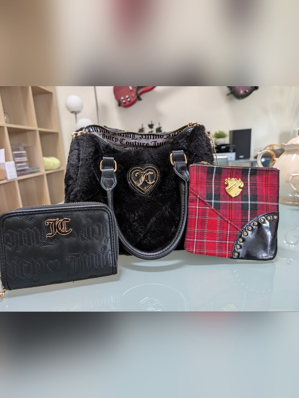 Juicy Couture Black Faux-Fur Heart-Emblem Bag & WALLET